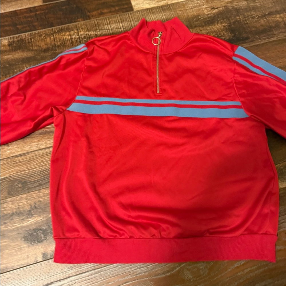 Topshop Red Quarter-Zip Pullover with Blue Stripes